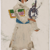 Male servant in white with purple hookah and rug under arm