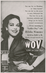 Advertisement for morning radio program "Ladies Day," hosted by Hilda Simms, on WOV, New York City, circa 1954.