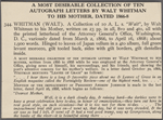 Whitman, Louisa Van Velsor, mother, ALS to. Bound volume of 10 letters, 1866-68. Individual letters listed separately.