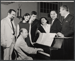 Ira Levin, Milton Schafer, Lesley Ann Warren, Elliott Gould, Eddie Foy Jr. and unidentified others in rehearsal for the stage production Drat the Cat!