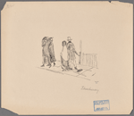 Three veiled women and a man with top hat and umbrella walking in the street. 