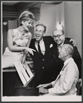 Florence Henderson, Jose Ferrer, producer Herman Levin, and Noel Coward in rehearsal for the stage production The Girl Who Came to Supper