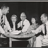 Dorothy Gish, director Bretaigne Windust, Imogene Coca (in center) with unidentified men in rehearsal for the stage production The Girls in 509