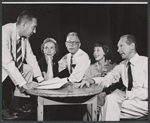 Dorothy Gish, director Bretaigne Windust, Imogene Coca (in center) with unidentified men in rehearsal for the stage production The Girls in 509