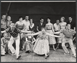 Carol Haney [center] Peter Gennaro [at right] and dancers in the stage production The Pajama Game