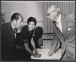 Cab Calloway, Sharron Miller and George Abbott in publicity photo for the 1973 Broadway revival of The Pajama Game