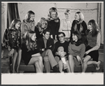 Barbara Brownell [standing 3rd from left] Tony Roberts and Woody Allen [seated center] Diana Walker [third from right] Diane Keaton [far right] and unidentified others in rehearsal for the stage production Play It Again, Sam