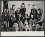 Barbara Brownell [standing third from left], Tony Roberts [seated second from left], Woody Allen [seated second from right], Diana Walker [standing third from right], Diane Keaton [seated far right] and unidentified others in rehearsal for the stage production Play It Again, Sam