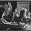 Leon Janney, Lionel Stander [seated at table] Robert Pastene, Jack Gilford and Marcie Hubert [seated at right] and unidentified others in the Off-Broadway production The Policeman