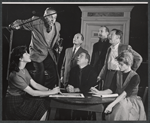 Leon Janney, Lionel Stander [seated at table] Robert Pastene, Jack Gilford and Marcie Hubert [seated at right] and unidentified others in the Off-Broadway production The Policeman