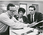 Arthur Storch, Diana Sands and Alan Alda in rehearsal for the stage production The Owl and the Pussycat.