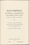 "Analysis of Poems," i.e. Leaves of Grass, by Richard Maurice Bucke, revised, annotated and corrected by Walt Whitman