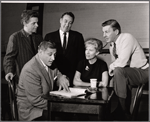 James Dyas [at left], Nancy Olson, David Wayne and unidentified others in rehearsal for the stage production Send Me No Flowers