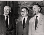 Robert Whitehead, playwright Art Buchwald and Gene Saks in publicity pose for the stage production Sheep on the Runway