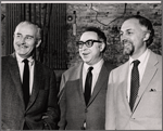 Robert Whitehead, playwright Art Buchwald and Gene Saks in publicity photo for the stage production Sheep on the Runway