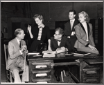 Cole Porter, Leueen MacGrath, George S. Kaufman, Don Ameche and Hildegarde Neff in rehearsal for the stage production Silk Stockings