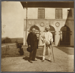 Three photographs of SLC and William Dean Howells at Redding, Connecticut. October 1908. Middle distance with house and open countryside in background.