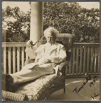 SLC smoking pipe on verandah and by rockery, Tuxedo 1907.