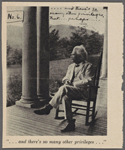 Seven photographs. SLC on a verandah, smoking. Photograph series, "the progress of a moral purpose..." [6 of 7: original missing, magazine clipping]