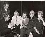 Burgess Meredith, Tom Ewell, James Thurber and unidentified others in rehearsal for the stage production A Thurber Carnival