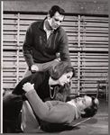 Clyde Ventura, Ann Williams and Paul Roebling in rehearsal for the stage production The Milk Train Doesn't Stop Here Anymore
