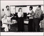 Bette Davis, David Sabin, Dody Goodman, Dorian Harewood and Lee Goodman in rehearsal for the pre-Broadway tryout of the stage production Miss Moffat
