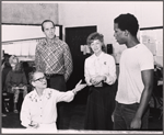 Anne Francine [background], Bette Davis, Lee Goodman, Dody Goodman and Dorian Harewood in rehearsal for the pre-Broadway tryout of the stage production Miss Moffat