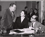 Myron McCormick, Siobhan McKenna and unidentified in rehearsal for the stage production Motel