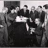 Sam Levene, Brenda Lewis, Tommy Rall, Theodore Bikel, Marty Brill, Albert Hague and unidentified others in rehearsal for the stage production Cafe Crown