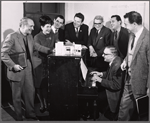 Sam Levene, Brenda Lewis, Tommy Rall, Theodore Bikel, Marty Brill, Albert Hague and unidentified others in rehearsal for the stage production Cafe Crown