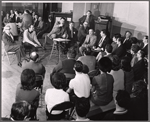 Sam Levene, Theodore Bikel [center] and ensemble in rehearsal for the stage production Cafe Crown