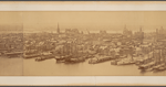 Panoramic view of Manhattan, showing Brooklyn Bridge under construction