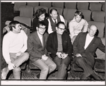 Playwrights Ron Clark and Sam Bobrick [front row, left], Maureen Stapleton, Lou Jacobi and Martin Huston [2nd row], director George Abbott [far right], and an unidentified man in rehearsal for the stage production Norman, Is That You?
