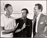 Norman Wisdom, Rex Garner and unidentified in rehearsal for the stage production Not Now, Darling