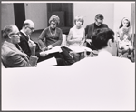 Henry Fonda, John McGiver, Estelle Parsons, Jo Van Fleet, Robert Ryan and unidentified others in rehearsal for the stage production Our Town