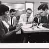 Diana Sands, playwright Bill Manhoff, Arthur Storch, Philip Rose and Alan Alda in rehearsal for the stage production The Owl and the Pussycat