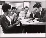 Diana Sands, playwright Bill Manhoff, Arthur Storch, Philip Rose and Alan Alda in rehearsal for the stage production The Owl and the Pussycat