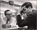 Arthur Storch, Diana Sands and Alan Alda in rehearsal for the stage production The Owl and the Pussycat 