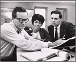 Arthur Storch, Diana Sands and Alan Alda in rehearsal for the stage production The Owl and the Pussycat 