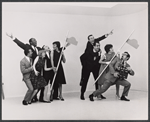 Al Freeman Jr. [far left], Godfrey Cambridge [second from left], Diana Sands [fifth from left holding pole] and unidentified others from The Living Premise comedy improv troupe*