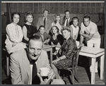 Cast in rehearsal for the stage production Dinner at Eight. Foreground: director Tyrone Guthrie and Blanche Yurka. Middle row: Ruth Ford, Arlene Francis, Robert Burr, June Havoc and Darren McGavin. Back row: Walter Pidgeon, Pamela Tiffin, and Jeffrey Lynn.