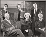 Clockwise from lower left: director George Abbott, producer Peter Bridge, playwrights Keith Waterhouse and Willis Hall, and unidentified man and woman during rehearsal for the stage production Help Stamp Out Marriage!