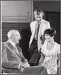 Director George Abbott, Roddy Maude-Roxby, and Valerie French in rehearsal for the stage production Help Stamp Out Marriage!