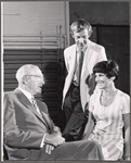 Director George Abbott, Roddy Maude-Roxby, and Valerie French in rehearsal for the stage production Help Stamp Out Marriage!