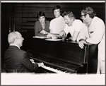 Richard Rodgers, Martin Charnin, Joe Layton, Danny Kaye and Peter Stone in rehearsal for the stage production Two by Two