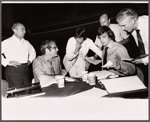 Richard Rodgers, Peter Stone, Martin Charnin, Joe Layton [seated] and unidentified others in rehearsal for the stage production Two by Two