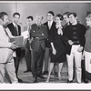 Playwright Peter Ustinov, Alan Mixon, Bob Dishy, Howard Da Silva, M'el Dowd, Christopher Walken, Brian Bedford and Melissa C. Murphy in rehearsal for the stage production The Unknown Soldier and His Wife