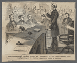 Adjutant-General Thomas giving his testimony at the impeachment trial, Washington D.C.--from a sketch by James E. Taylor. 