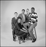 Studio portrait of  David Cogan, playwright Lorraine Hansberry,  Lloyd Richards, Philip Rose and Sidney Poitier from the original 1959 Broadway production of A Raisin in the Sun