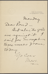 Pond, [Major James Burton], ALS to. [Feb. 12, 1894]. Previously, Monday [n.d.].